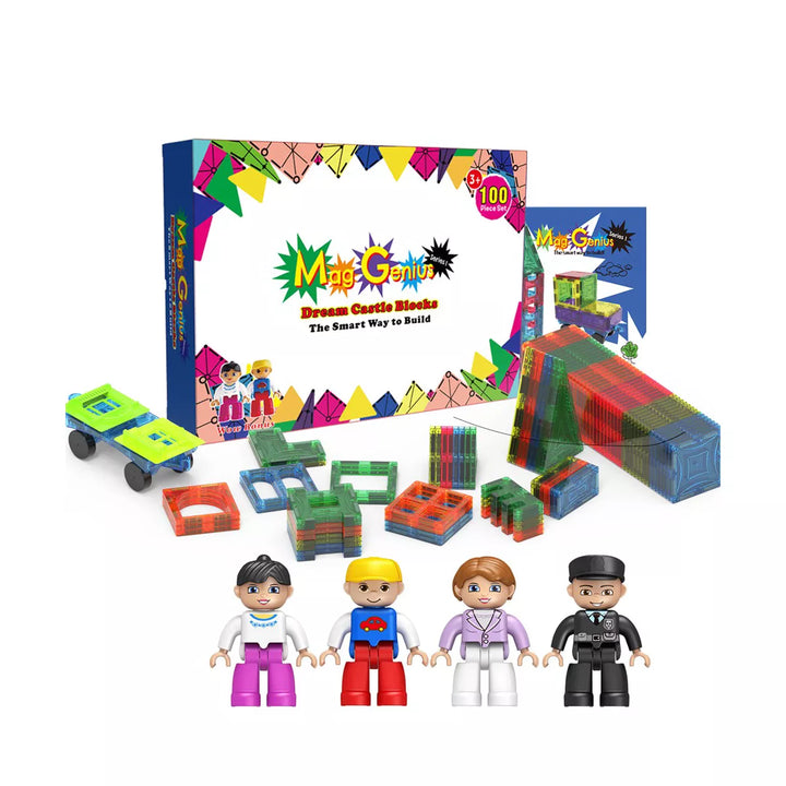 Mag Genius - 102 Pieces Magnetic Building Tiles with Magnetic Build-On Flatbed
