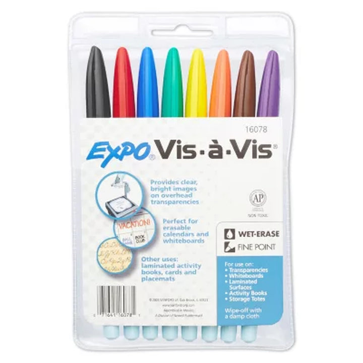 Expo Vis-À-Vis Wet-Erase Marker, Fine Point, Assorted Colors, 8Pk.