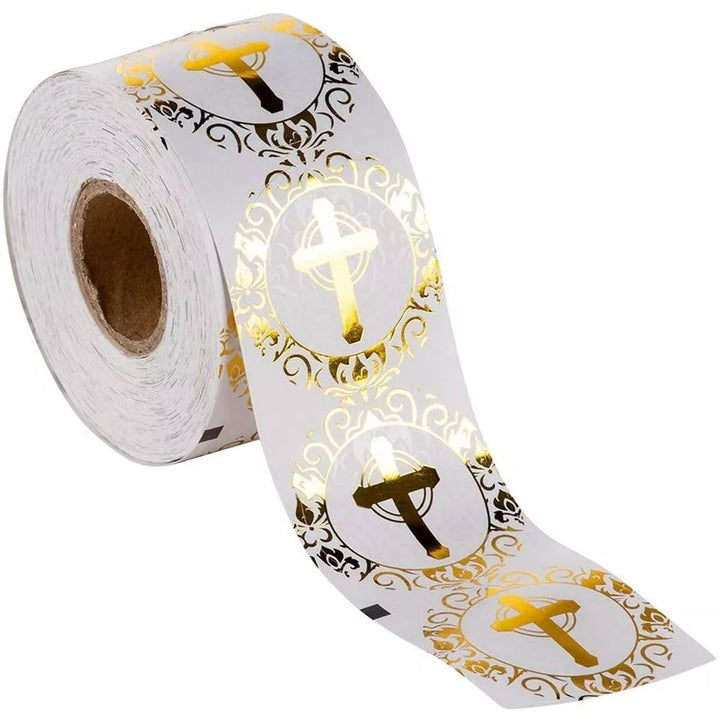 Best Paper Greetings 500 Count Gold Foil Christian Religious Stickers, Cross Design Sticker Envelope Seals for Communion Wedding Invitations, 1.5 In