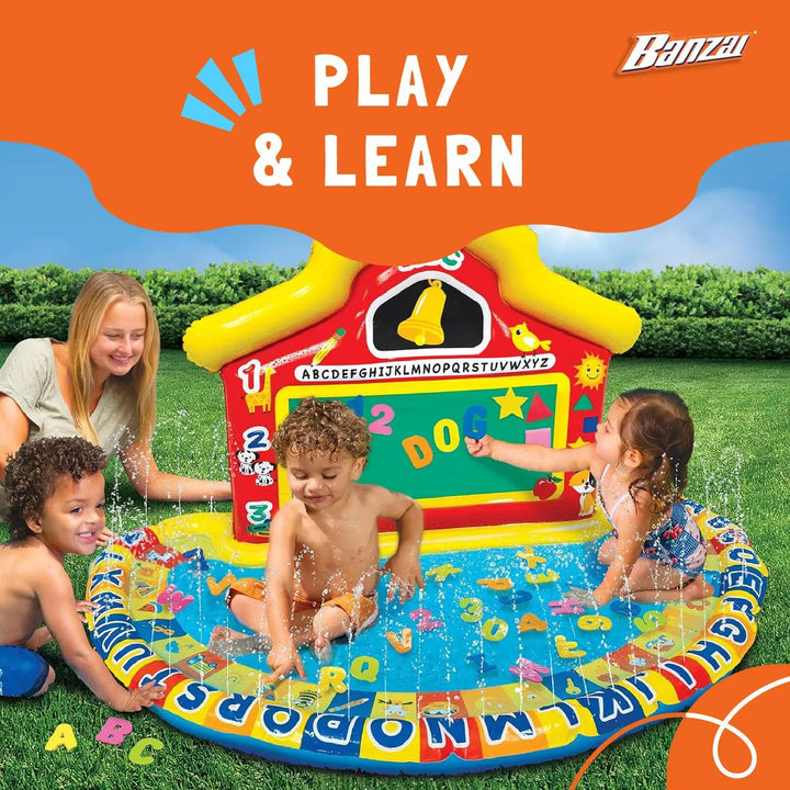 Banzai Jr School Splash Inflatable Educational Learning Schoolhouse Water Play Mat with 39 Letters, Numbers, and Shapes for Ages 3+