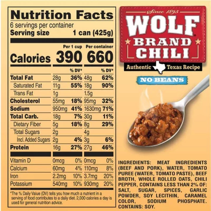 Wolf Brand "No Bean" Chili 15Oz., 6Pk.