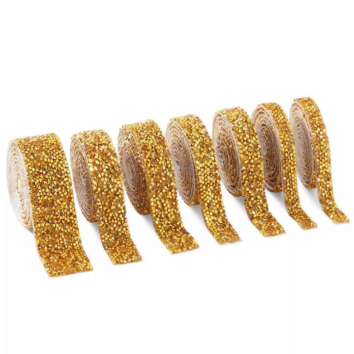 7 Rolls Crystal Rhinestone Adhesive Strips for Crafts, Decor, Gifts (4 Sizes, Gold)