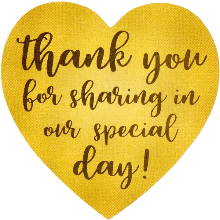 500-Count Wedding Favor Sticker, Thank You for Sharing in Our Special Day, Heart-Shaped, Gold, 1.5" Diameter