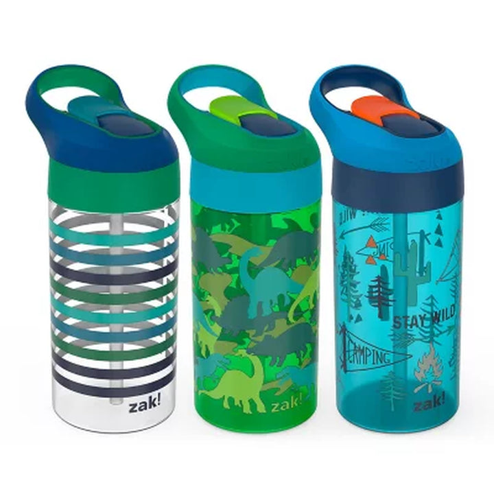 Zak Designs 17.5-Oz. Tritan Water Bottle 3-Pack Set Reuseable Plastic with One-Touch Lid, Silicone Spout with Cover (Assorted Colors)