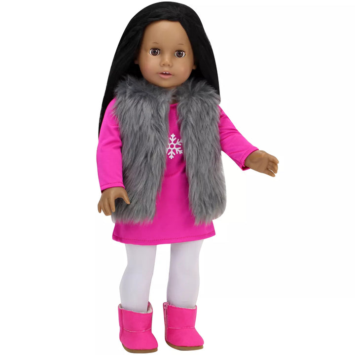 Sophia’S Snowflake Dress, Faux Fur Vest, Leggings, & Booties Outfit for 18” Dolls, Hot Pink/Silver/White