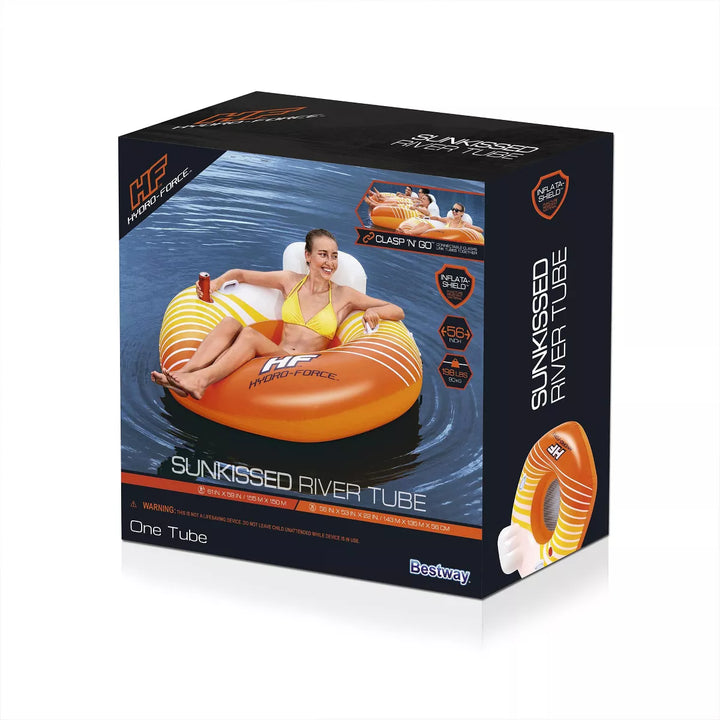 Bestway 43399E Hydro-Force Sunkissed Pool, Lake, River, Beach Inflatable PVC Clasp N Go Inner Tube Ring Float with Cup Holder, Orange and Yellow