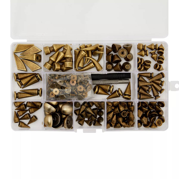 Bright Creations 150 Piece Set Bronze Spikes and Studs for Crafts and Clothing with Tools Grid Storage Box (13 Assorted Shapes)