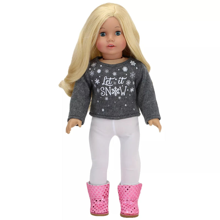 Sophia'S - 18" Doll - "Let It Snow" Sweater, Lace Skirt, Leggings, Earmuffs, Pocket Scarf & Ewe Boots - Grey/White/Pink