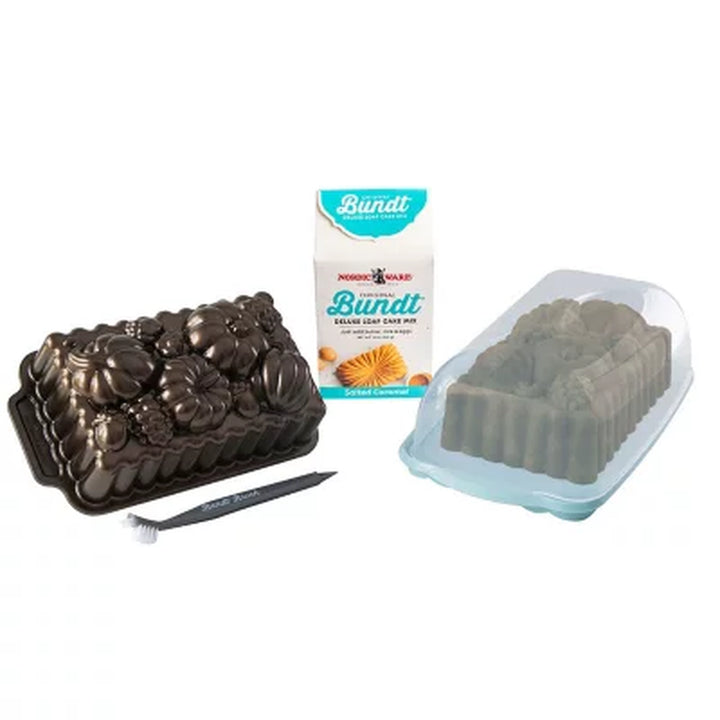 Nordic Ware Fall Loaf Bundle: Harvest Bounty Loaf, Loaf Keeper, Salted Caramel Quick Bread Mix & Bundt Cleaning Tool