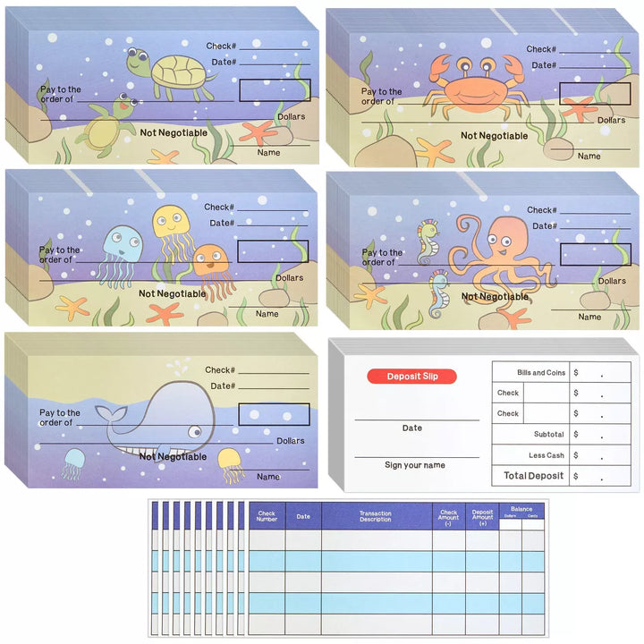 Blue Panda 150 Sheets Pretend Checkbook for Kids with Fake Deposit Slip and Check Register for Play School Supplies (Ocean Themed)