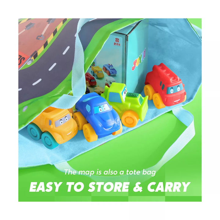 Syncfun 8 PCS Rubber Cartoon Cars with Play Mat, Mini Bath Toy Car for Toddlers, Boy Toys Birthday Gift, Party Favors for Kids Toddlers 2 3+ Year Old