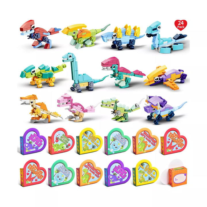 Fun Little Toys 24 PCS Valentine Dinosaur Building Block with Heart Box