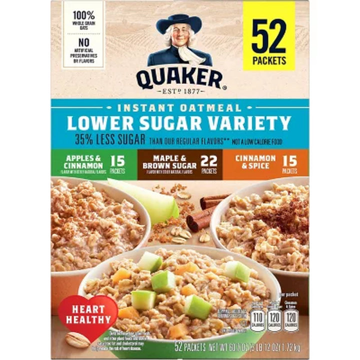 Quaker Lower Sugar Instant Oatmeal, Variety Pack (60.7 Oz., 52 Pk.)