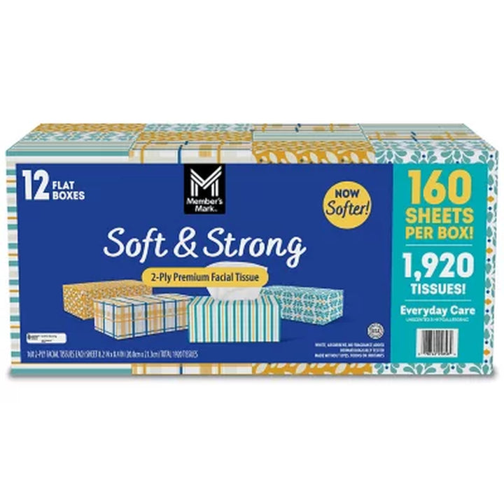 Member’S Mark 2-Ply Facial Tissues, Flat Boxes 160 Tissues/Box, 12 Boxes