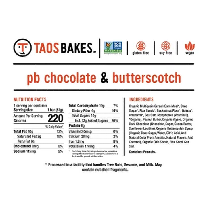 Taos Bakes Snack Bars, PB Chocolate Butterscotch 1.8 Oz., 10 Ct.