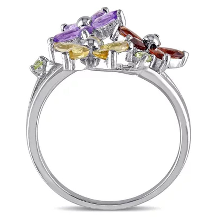 Garnet, Citrine, Amethyst and Peridot Floral Ring in Sterling Silver