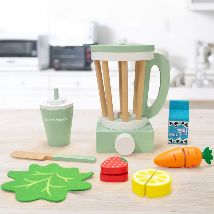 Teamson Kids Wooden Blender Play Kitchen Toy Accessories Green 13 Pcs TK-W00008