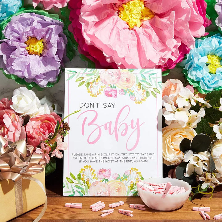 Sparkle and Bash Floral Baby Shower Clothespin Game for Girl, Don'T Say Baby Theme with 60 Pink Clothes Pins and 8X10-Inch Sign