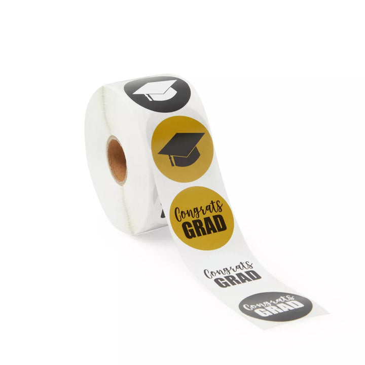 Best Paper Greetings 1000 Count Class of 2024 Graduation Stickers, Congrats Grad Cap Decal Roll Supplies, 8 Designs, Black & Gold, 1.5 Inch