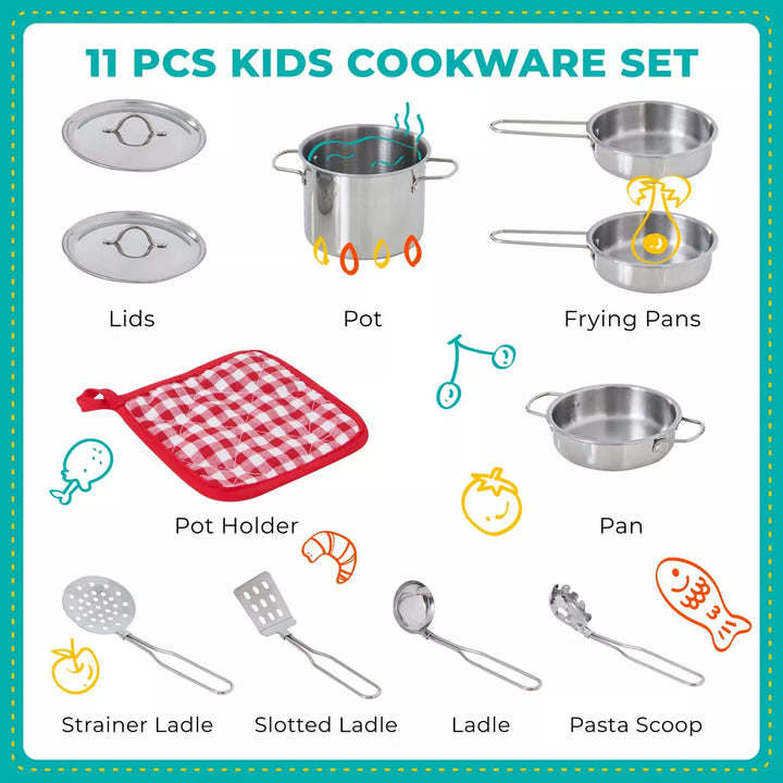 Teamson Kids Play Cooking Accessory Set Steel 11 Pcs Frankfurt TK-M00001