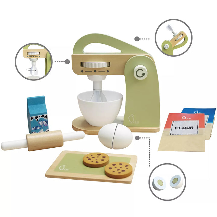 Teamson Kids Wooden Mixer Play Kitchen Toy Accessories Green 10 Pcs TK-W00007