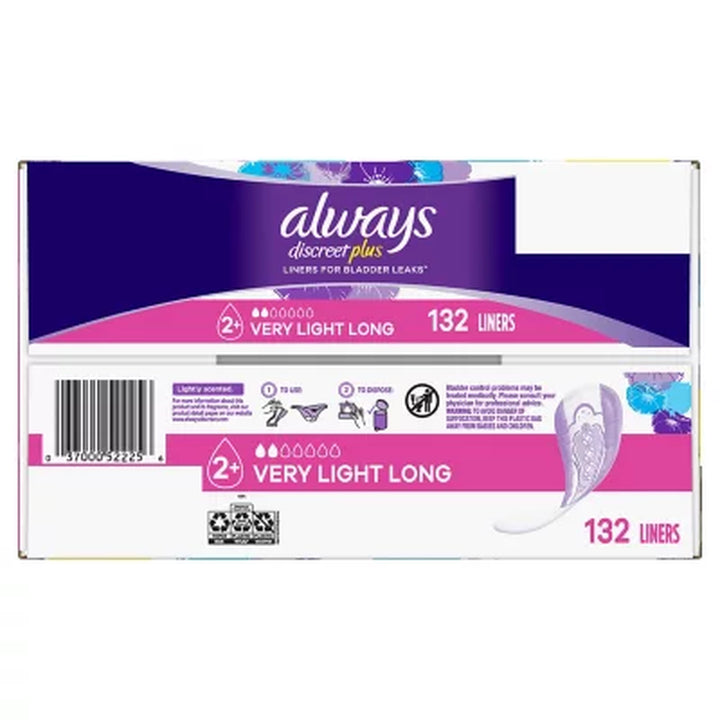 Always Discreet plus Incontinence Liners for Women, Very Light Long, 132 Ct.