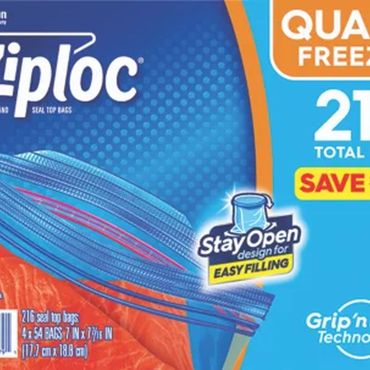 Ziploc Easy Open Tabs Freezer Quart Bags with New Stay Open Design, 216 Ct.