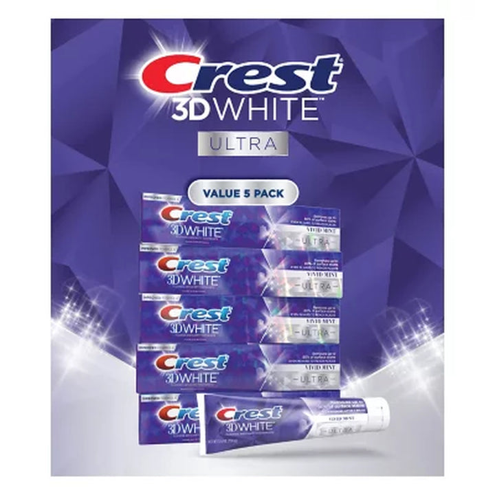 Crest 3D White Ultra Whitening Toothpaste, Vivid Mint, 5.2 Oz., 5 Pk.