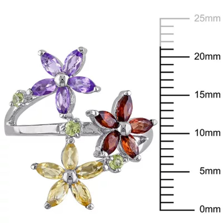 Garnet, Citrine, Amethyst and Peridot Floral Ring in Sterling Silver