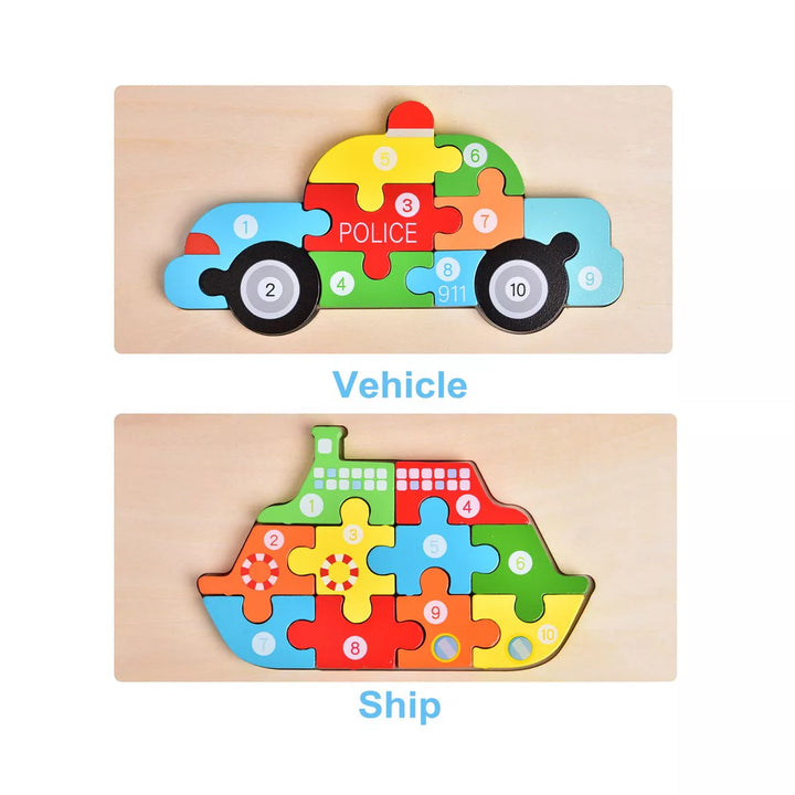 Fun Little Toys 4 PCS Wooden Animal & Vehicles Puzzle Set