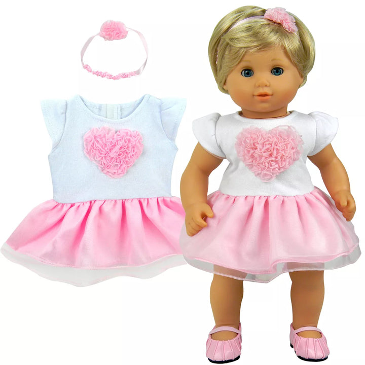 Sophia’S Heart Dress and Headband Outfit for 15'' Dolls, White/Pink