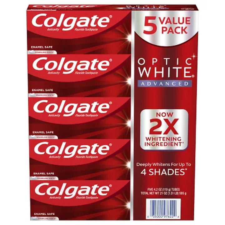 Colgate Optic White Advanced Teeth Whitening Toothpaste, Sparkling White, 4.2 Oz., 5 Pk.