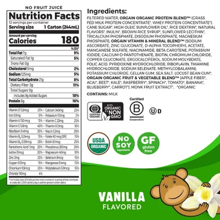 Orgain Kids 8G Protein Organic Nutritional Shake, Vanilla (8.25 Fl. Oz.,12 Pk.)