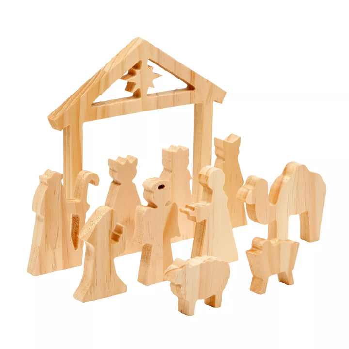 Bright Creations 11 Pieces DIY Wooden Nativity Scene Set, Unfinished Christmas Crafts Decoration