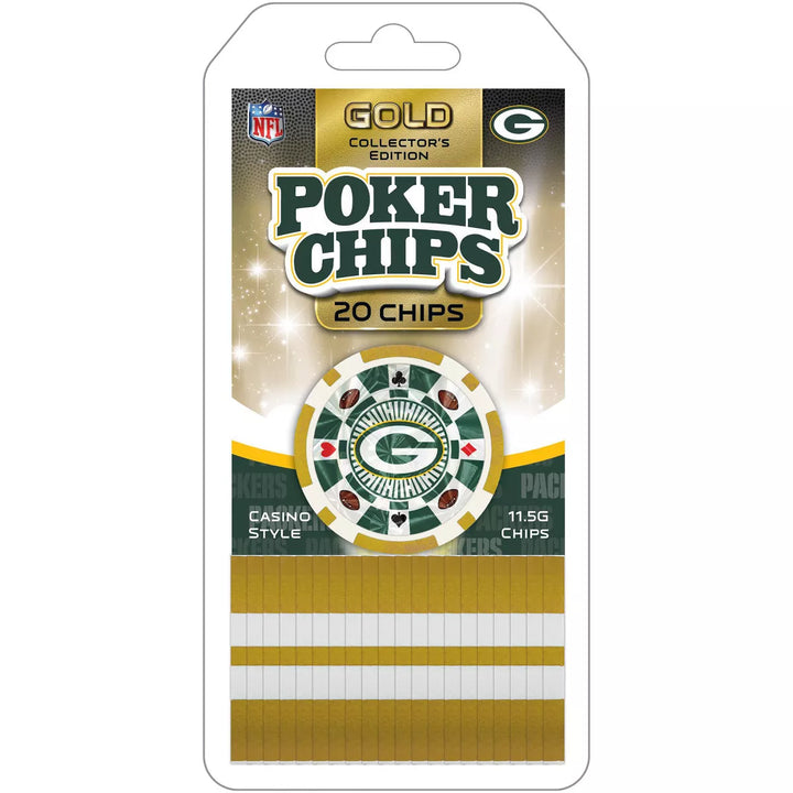 Masterpieces Casino Style 20 Piece 11.5 Gram Poker Chip Set NFL Green Bay Packers Gold Edition.