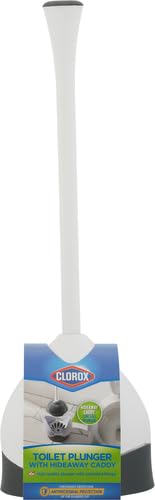 Clorox Toilet Plunger with Hideaway Storage Caddy, 6.5” x 6.5” x 19.5”, White/Gray 1-Pack