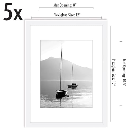 Americanflat 12x16 Picture Frame with Polished Plexiglass - Set of 5 - Use as 8.5x11 Frame with Mat or 12x16 Frame Without Mat - Galleria Collection - Gallery Wall Frame Set for Wall Display - White