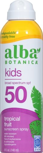 Alba Botanica Kids Sunscreen Spray for Face and Body, Tropical Fruit, Broad Spectrum SPF 50, Water Resistant, 5 fl. oz. Bottle 6 Fl Oz (Pack of 1)