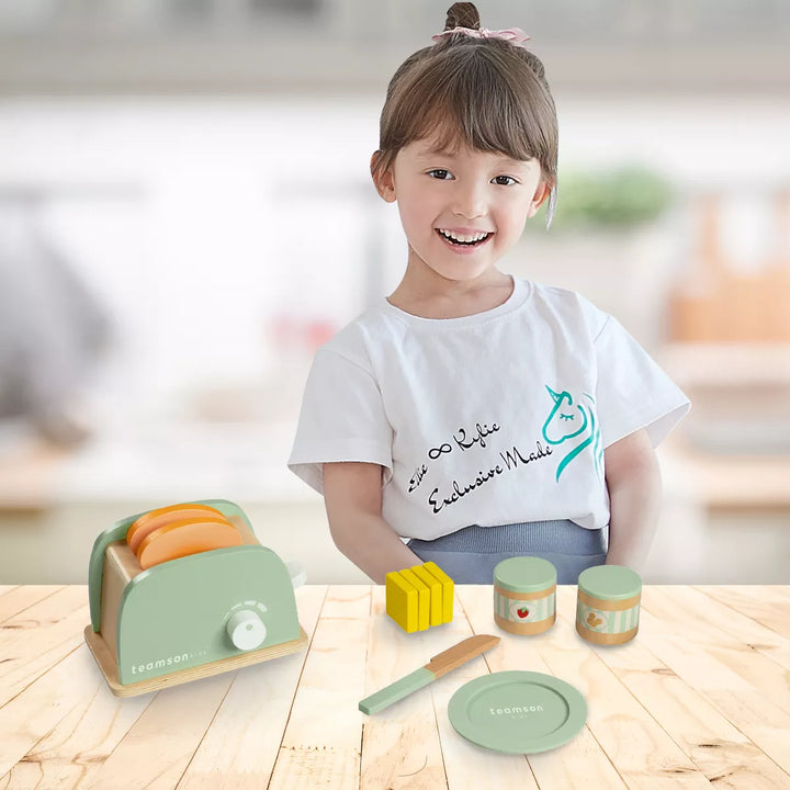 Teamson Kids Play Wooden Toaster Play Kitchen Accessories Green 11 Pcs TK-W00006