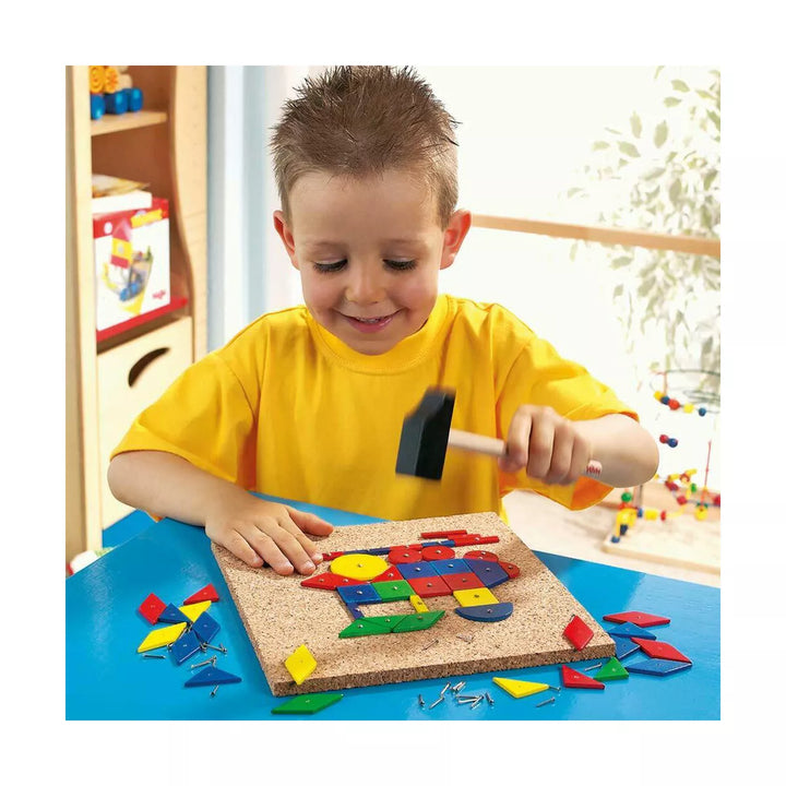 HABA Geo Shape Tack Zap Play Set - Geometric Designs with Hammer & Nails Children'S Toy (Made in Germany)