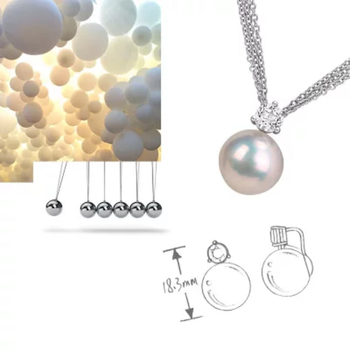 11-12Mm White round Cultured Freshwater Pearl and White Topaz Drop Pendant in Sterling Silver