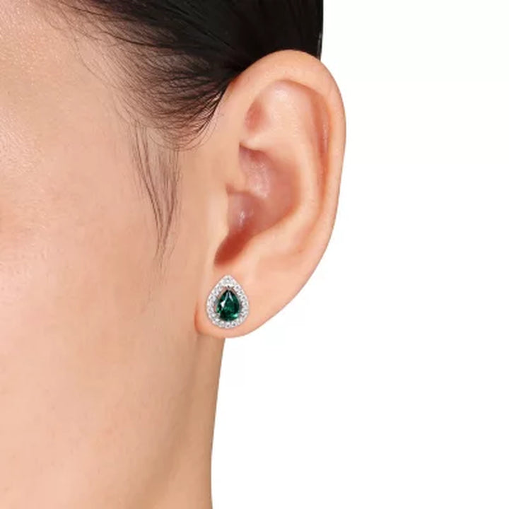 Created Gemstone Teardrop Halo Pendant and Stud Earrings Set in Sterling Silver