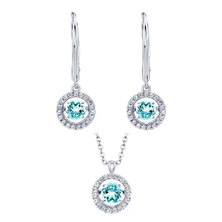 Dancing Aquamarine and Lab Created White Sapphire Pendant and Earring Set in Sterling Silver