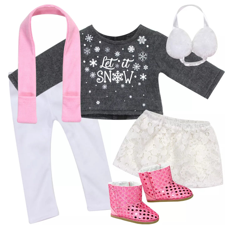 Sophia'S - 18" Doll - "Let It Snow" Sweater, Lace Skirt, Leggings, Earmuffs, Pocket Scarf & Ewe Boots - Grey/White/Pink