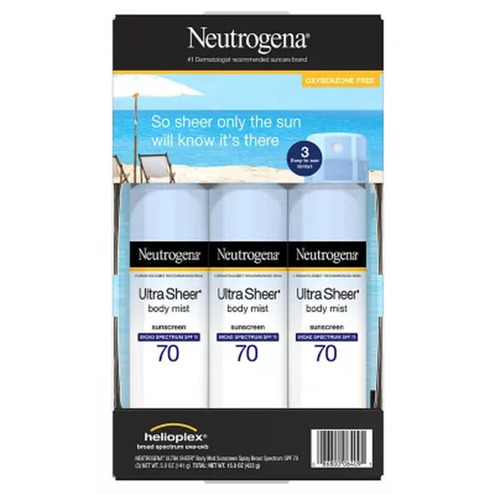 Neutrogena Ultra Sheer Body Mist Sunscreen Spray, SPF 70, 5 Oz., 3 Pk.