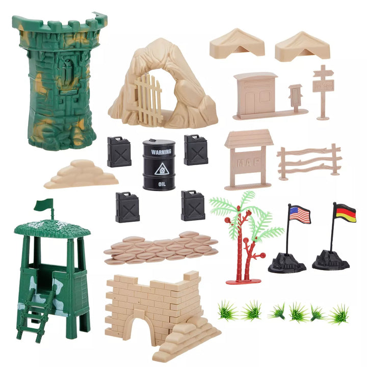 Juvale 100-Piece Military Soldier Army Toys for Boys, Battlefield Action Figures Accessories Playset with 2 Flags, Vehicles