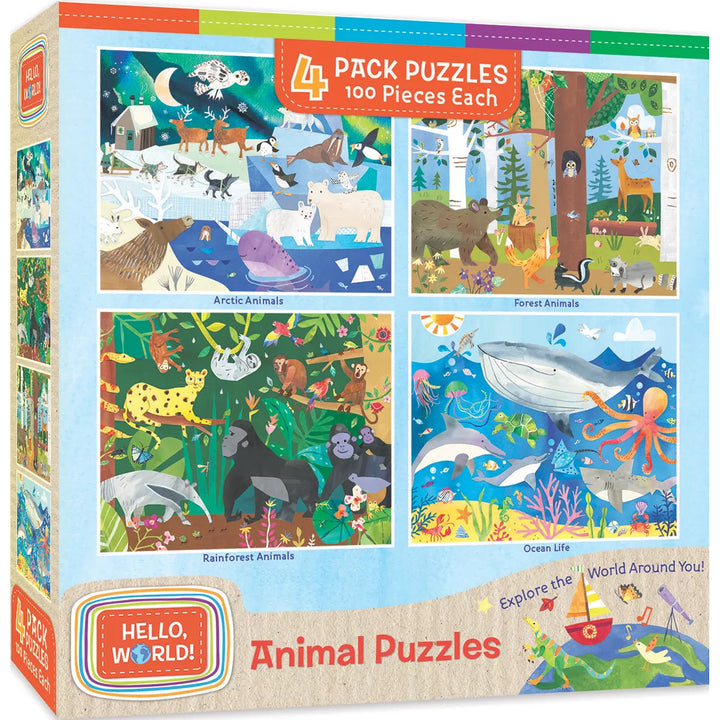 Masterpieces Kids Jigsaw Puzzle Set - Hello World Animals 4-Pack 100 Pieces