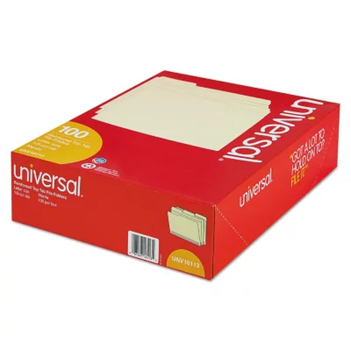 Universal® File Folders, 1/3 Cut Assorted, Two-Ply Top Tab, Manila, 100/Box (Various Types)