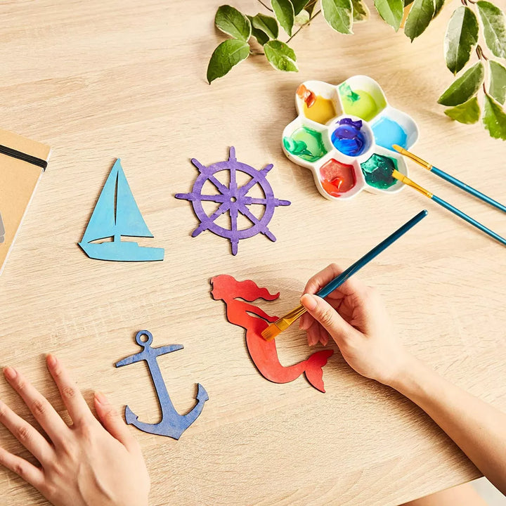 Genie Crafts 24 Pieces Unfinished Nautical Wood Cutouts for Crafts, Wooden Sailboat, Mermaid, Anchor, Ship Wheel for DIY Projects