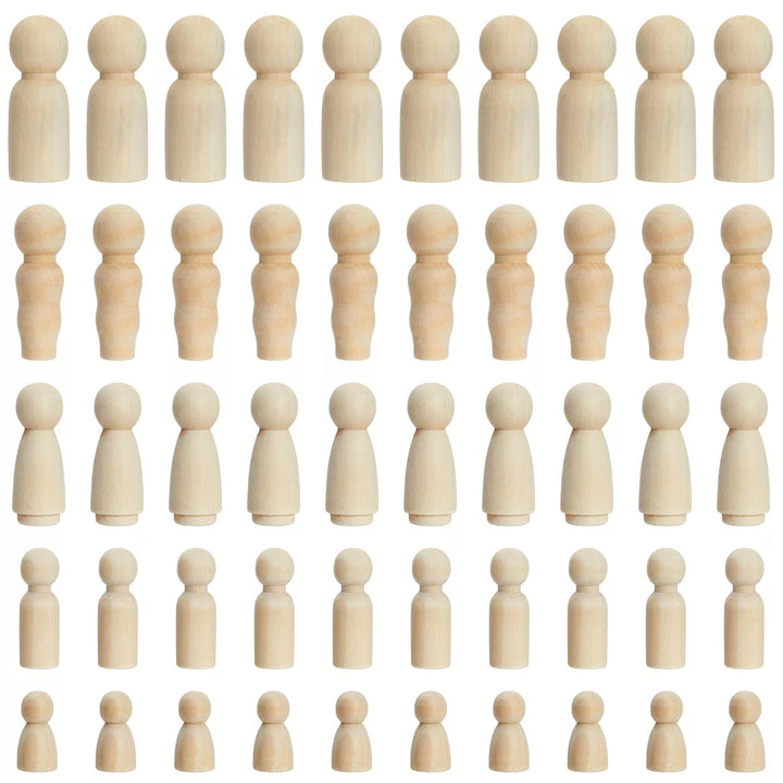 Juvale 50-Pieces Unfinished Wood Peg Dolls, Wooden People Figures for Arts and Crafts, Painting, and Games, School Projects Dollhouse Design, 5 Sizes